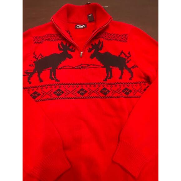 NWT Chaps Men’s Medium Moose Fair Isle 1/4-Zip Red Sweater Fall Winter Cabincore - Picture 3 of 7